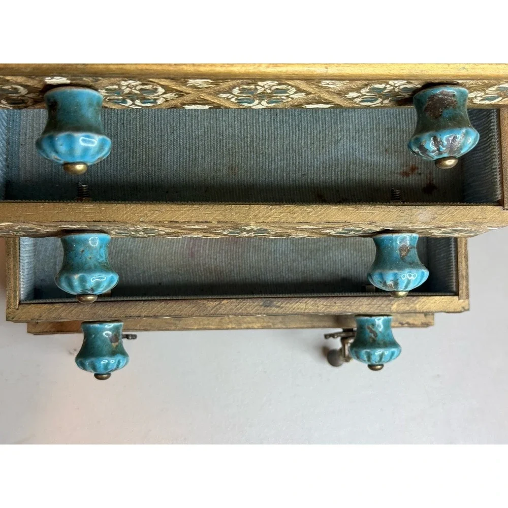VTG Florentine Style Wooden Jewelry chest 4 Drawer Design Estate Ceramic Knobs
